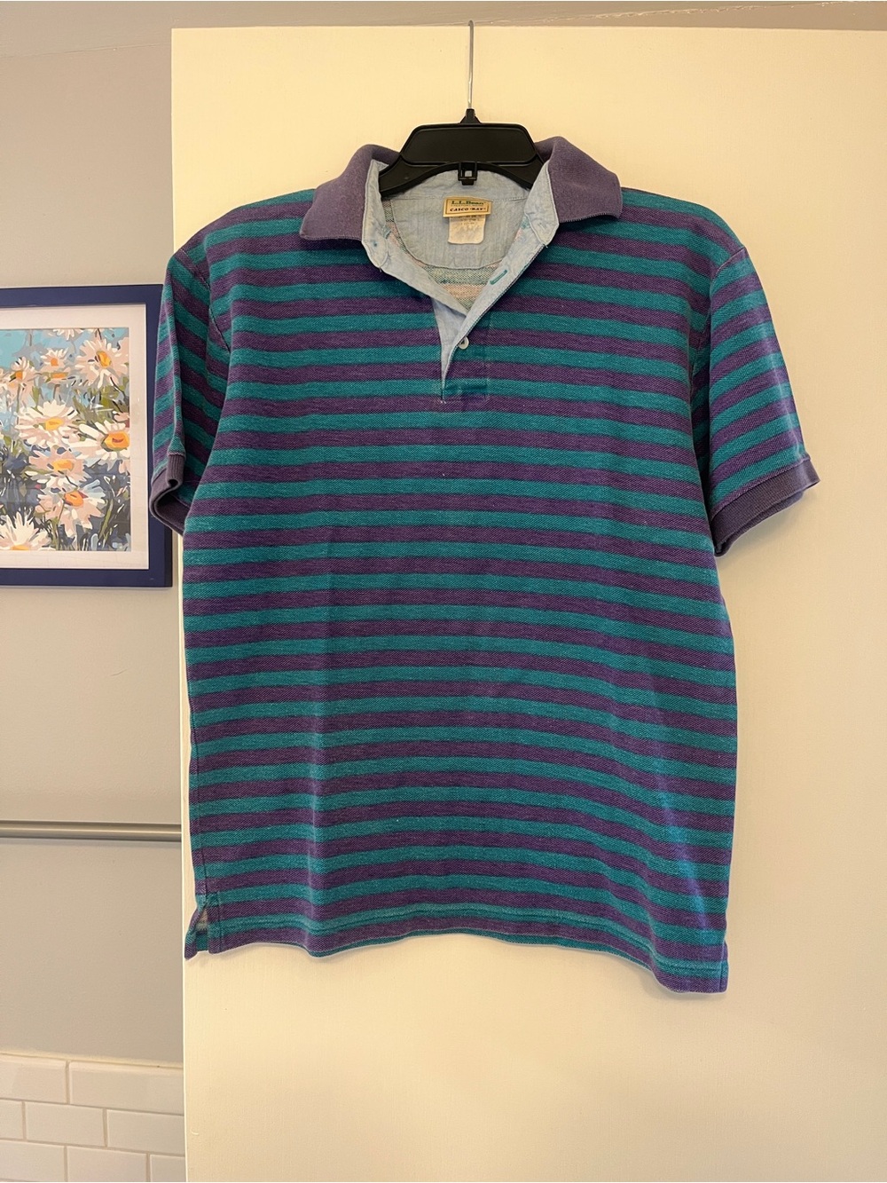 Vintage LL Bean Casco Bay Men’s Cotton Blue and Green 3 Button Polo Shirt Sz Med